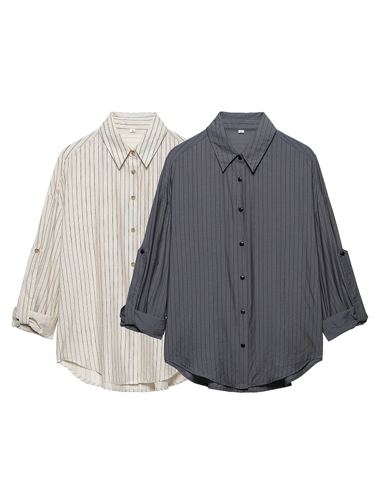 

KUCLUT Women Fashion Striped Single Breasted Blouse Vintage Lapel Neck Long Sleeves Female Chic Lady Shirts