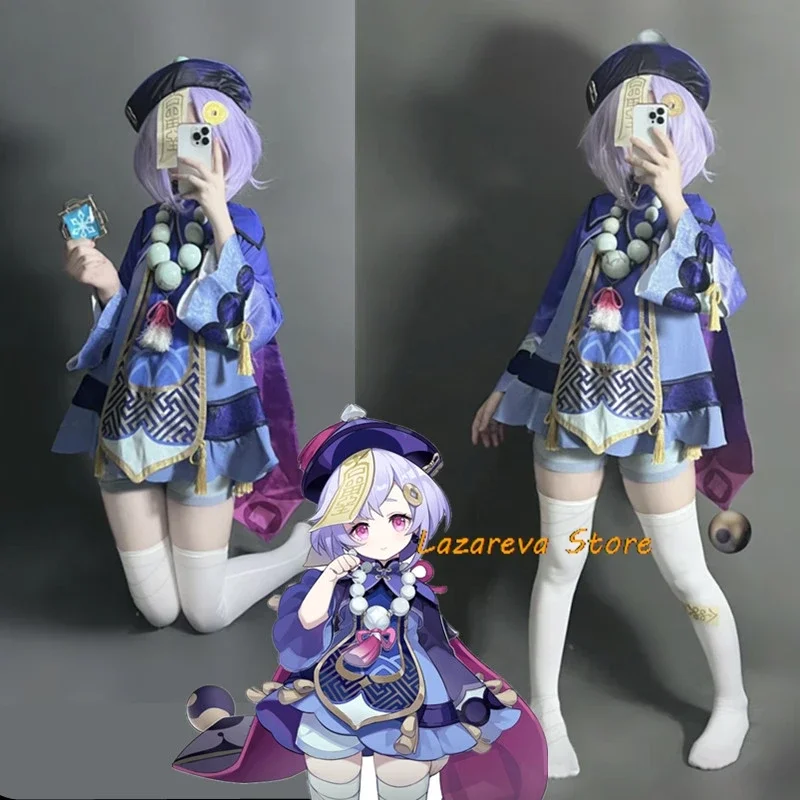 Genshin Impact Game Cosplay Fantasia, Projeto Qiqi, Peruca Completa, Sapatos, Chapéu, Dia das Bruxas, Natal, Zumbis, Vestido Infantil