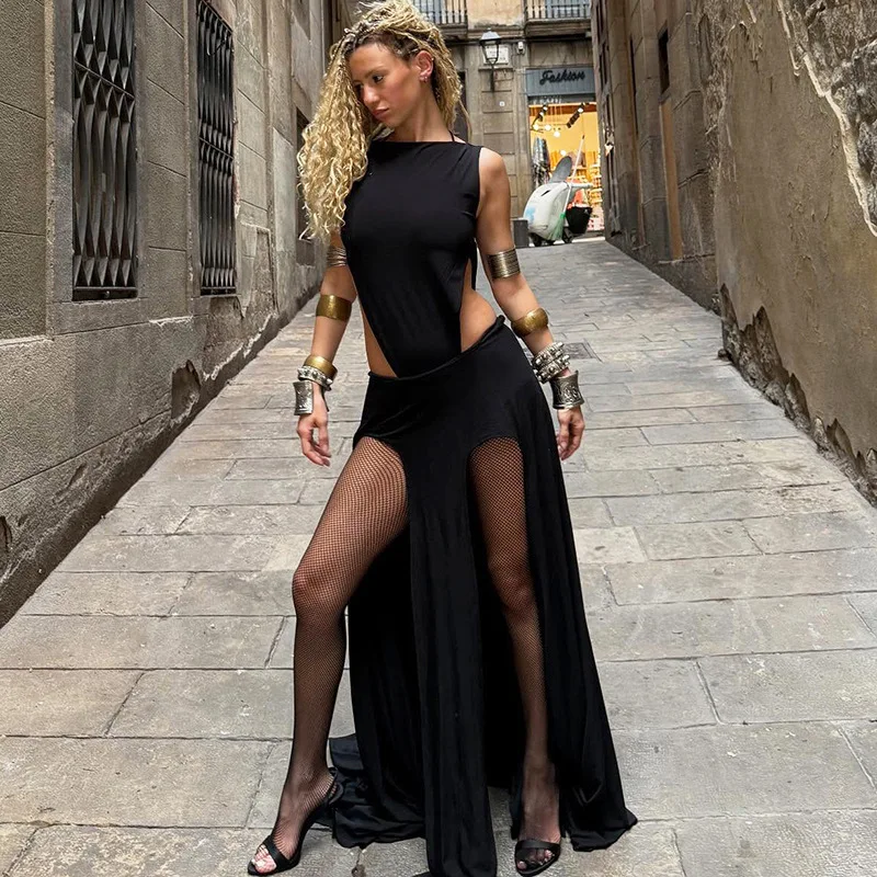 

Hottie Sexy 2 Piece Set Women Fashion O Neck Sleeveless Bodysuit Tops + High Slits Maxi Skirts Party Clubwear Suits Streetwear