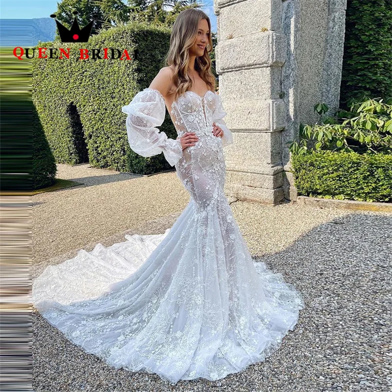 Vestidos De Novia De sirena con apliques De encaje De lujo, mangas largas hasta el suelo, Vestidos De Novia personalizados, J94Q