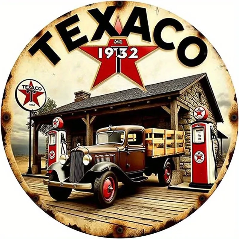 Sinal de alumínio de metal para posto de gasolina texaco estilo americano vintage com designs clássicos de caminhão e bomba de combustível, adequado para garagem