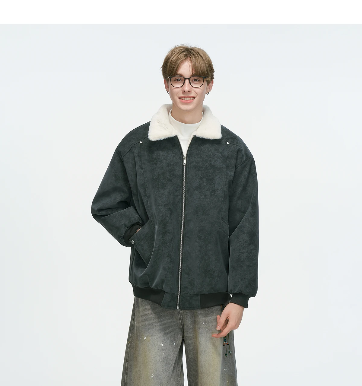 2025 الخريف الشتاء النمط الأمريكي الرجال سميكة الدافئة البني الرمادي الأسود صوف الضأن بدوره إلى أسفل طوق سترة قطن #4