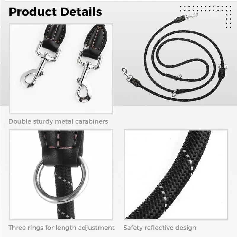 Dog Leash Reflective Nylon Double Leash Carabiners 3 Adjustment Rings Adjustable Dog Shoulder Leash Jogging Leash Training Leash