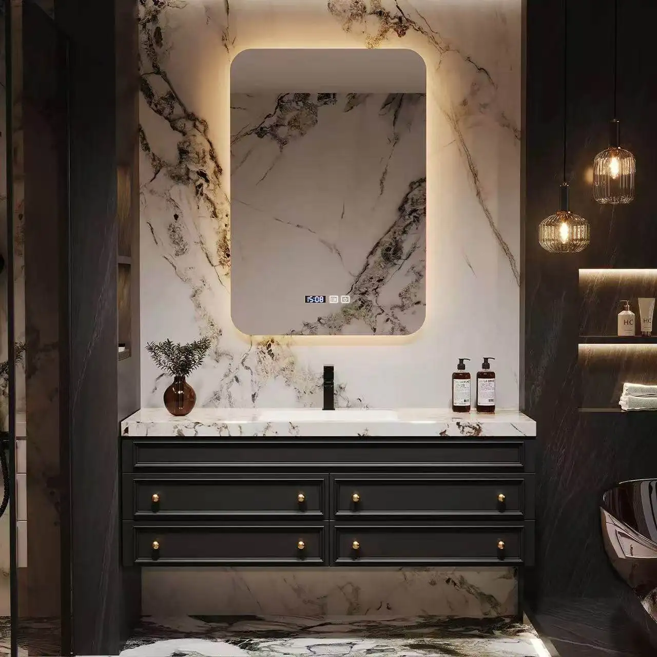 

Rock slab bathroom cabinet combination, integrated basin LED mirror rubber wood sink