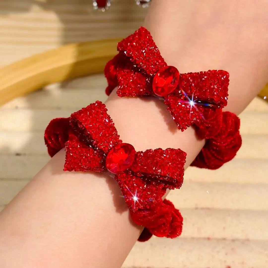 2pcs Korean Style Red Bow Rhinestone Small Clip Hairpin Simple Temperament Side Clip Wedding Bride Bridesmaid Hair Accessories