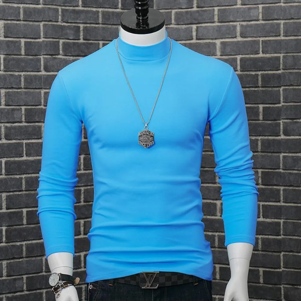 Fashion Men\'s Autumn Winter T-Shirt Casual Turtleneck High Collar Long Sleeves Solid Color Slim Top Clothes Outerwear Undershirt