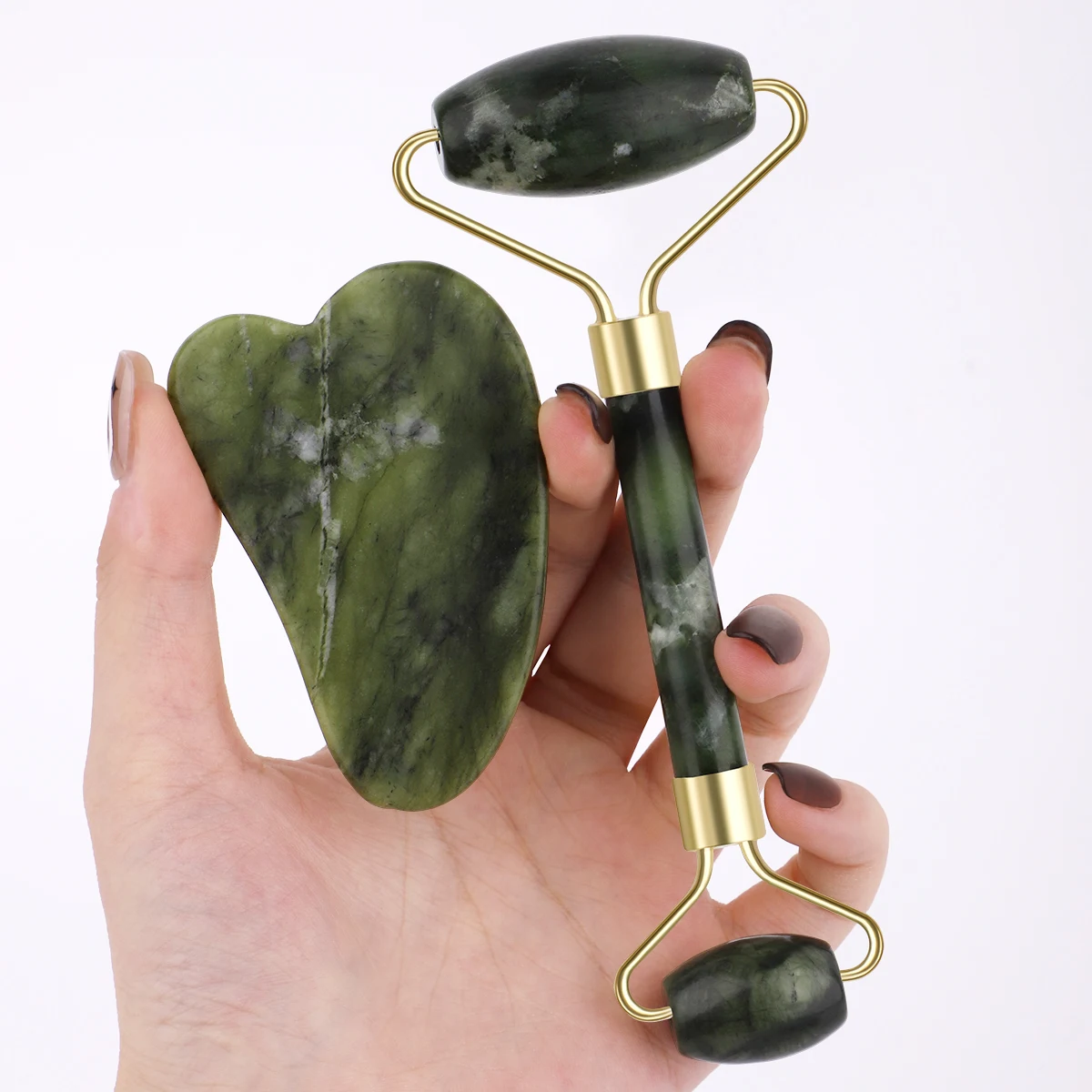 2 pièces de massage à rouleaux à double tête en jade naturel Shi Ying et ensemble de planche à gratter en forme de coeur, l'outil parfait pour les soins du visage,