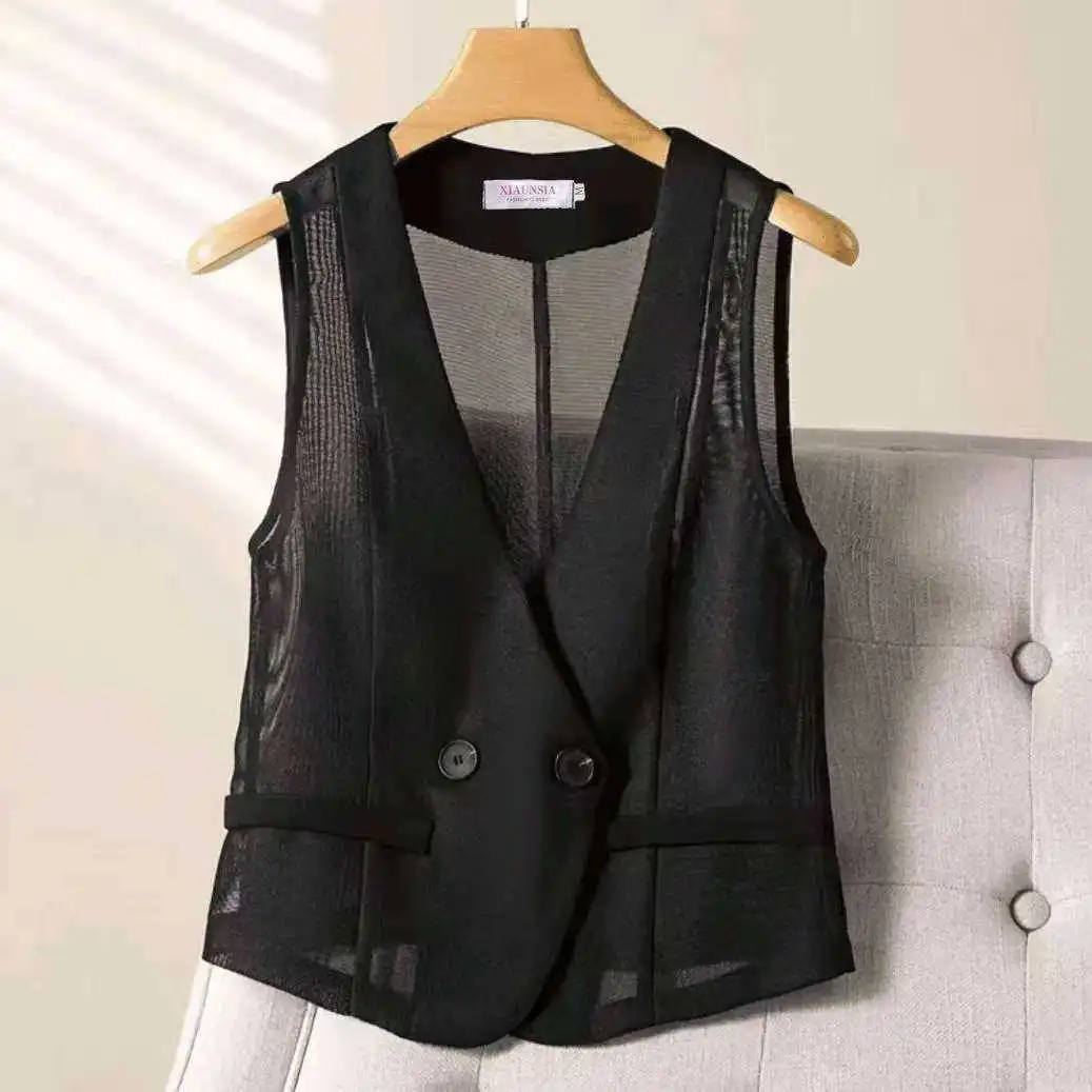 2023 Summer Trendy Short Thin Mesh Vest Women's Asymmetric Slimming Top Polyester Fiber Inner Wear Casual Fashion