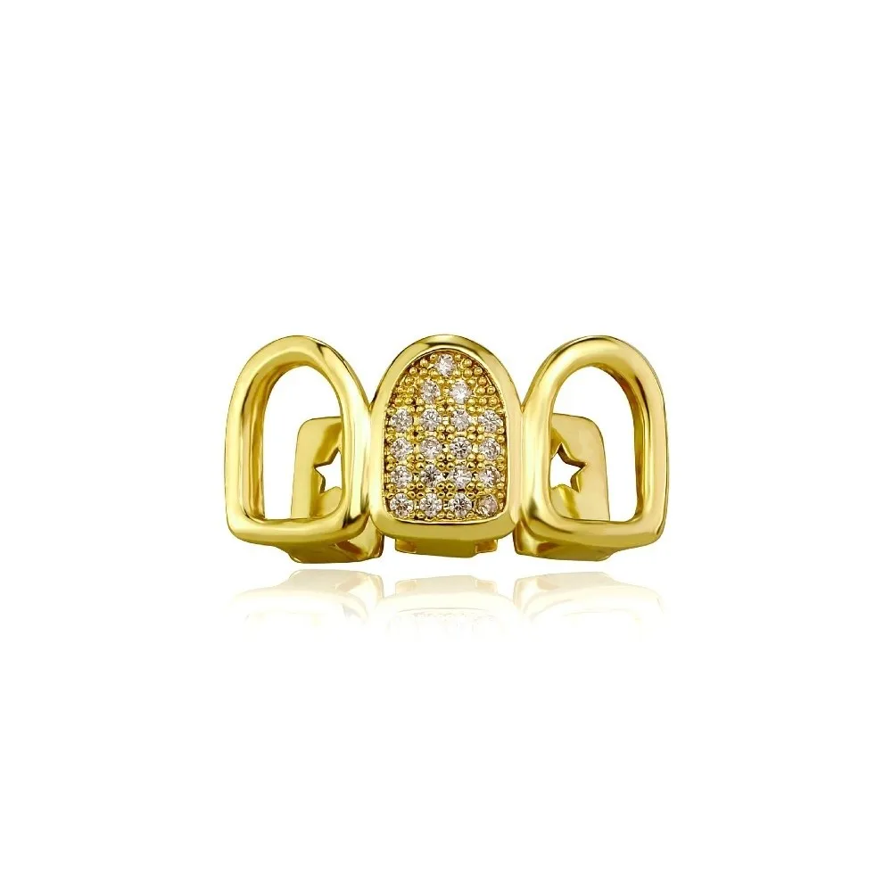 Rapper Gold Silver Color Teeth Grillz Alloy Star Hollow Dental Caps CZ Zircon Removable Body Jewelry For Men Women