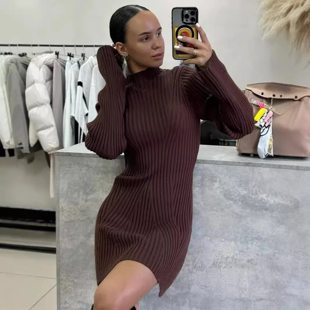 Otoño e Invierno, vestidos de manga larga de punto acanalado para mujer, nueva textura, suéter inferior delgado, vestido, Jersey, Mini vestido