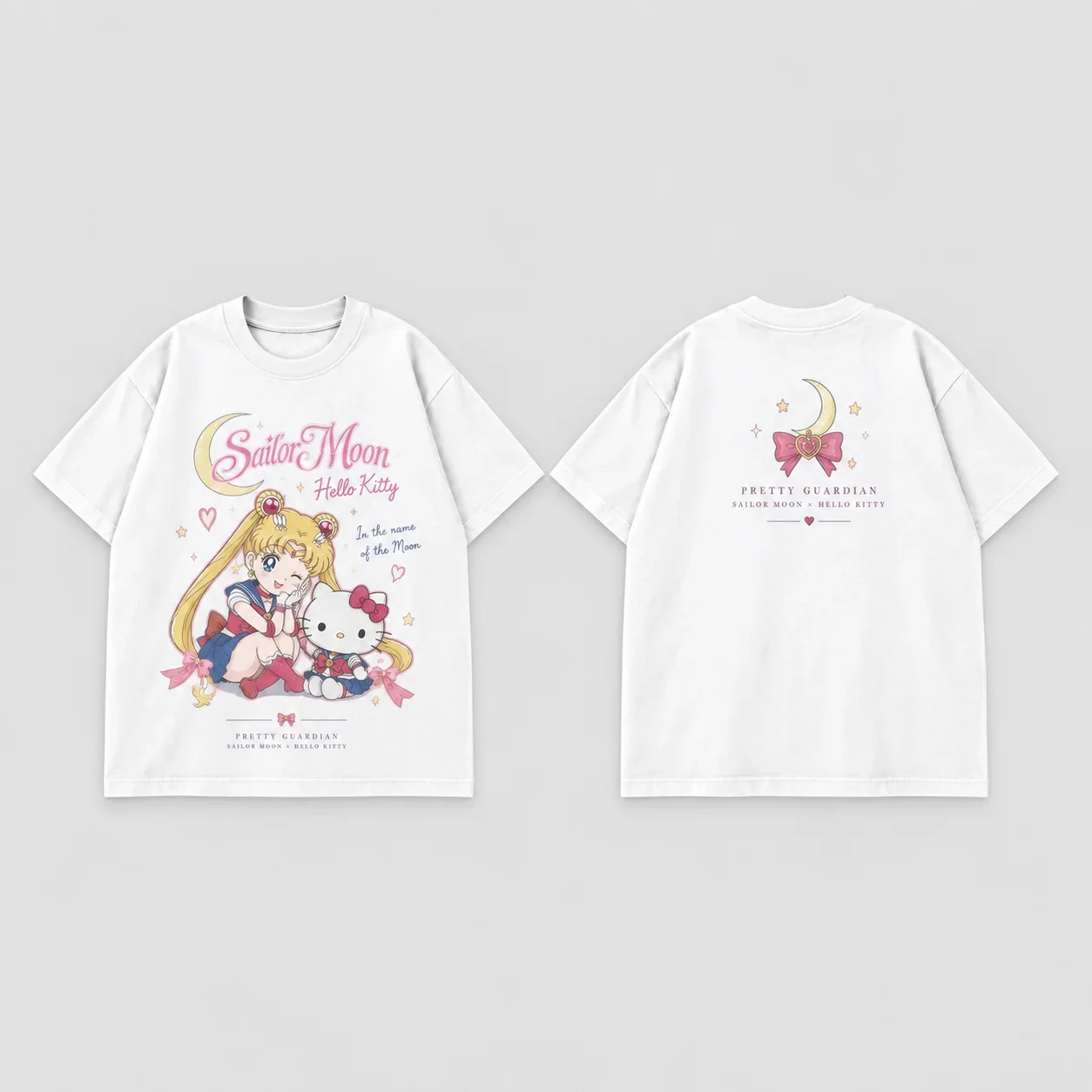 White Tee Men's Women's Sanrio Hello Kitty Sailor Moon Parent Child Anime Cool Art Print Oversized Short Sleeve Streetwear Top