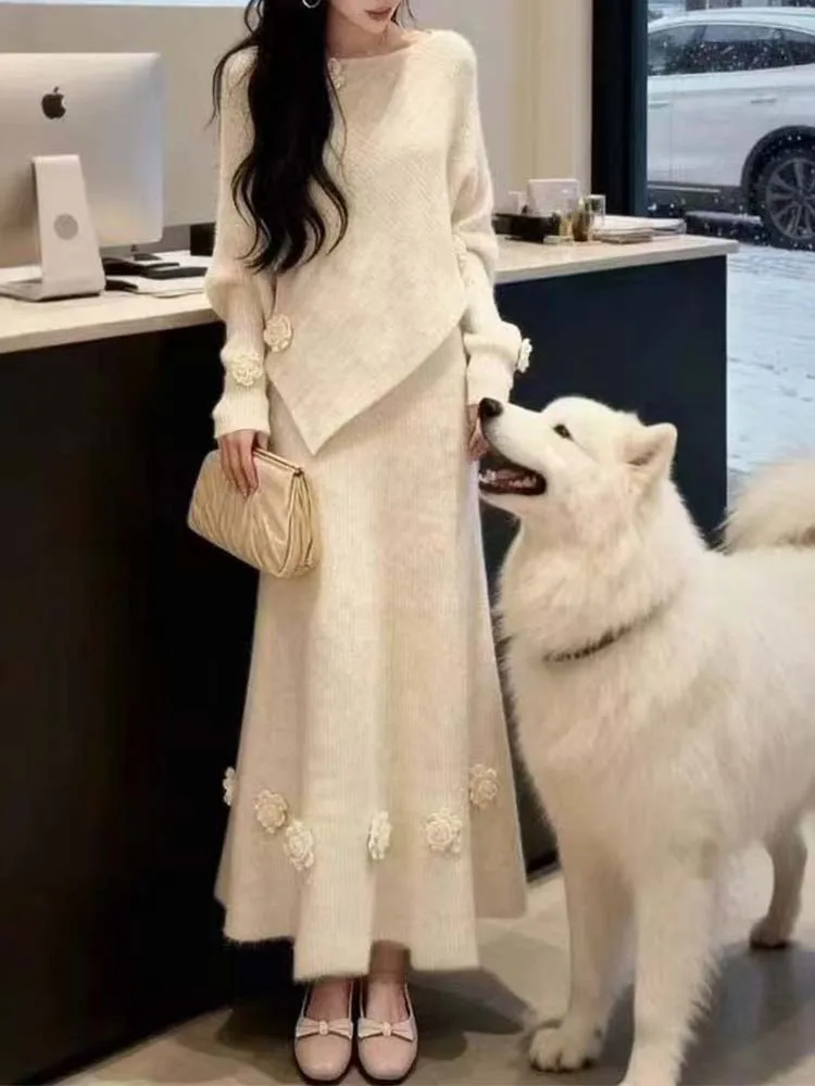 

Элегантный трехмерный цветок, нерегулярный вязаный свитер + полуюбка, комплект из двух предметов, новинка 2025, модная женская одежда