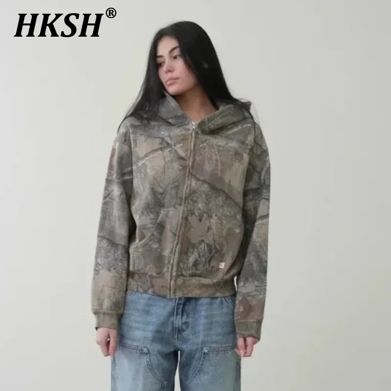 HKSH Hip Hop Streetwear Zipper Women's Camouflage Pattern Hooded Sweatshirt Y2K Men Fashion Punk Chic Tops Casual Pants HK2862