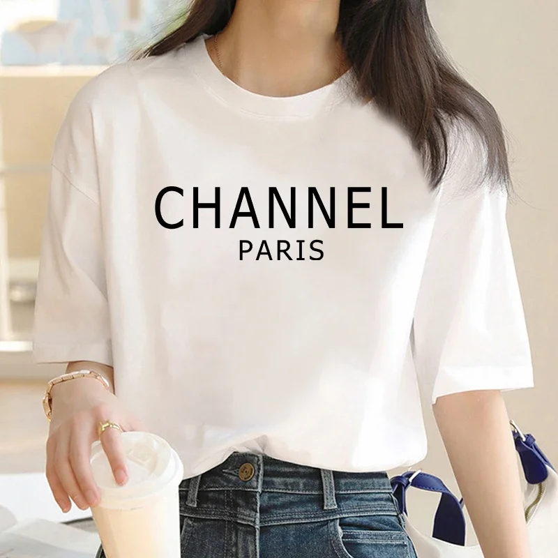 Washable Womens Casual Elegant Fashion CHANNEL Graphic T-shirt O-Neck Short Sleeve Top（Order According to the Picture Color）