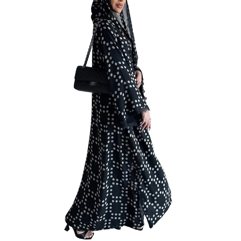 ชุดอาบายะผ้าชีฟองลายจุด แต่งขอบลูกไม้ แฟชั่นอาบายะแบบเปิดด้านหน้า พร้อมฮิญาบ ชุดคลุมยาวสำหรับชาวมุสลิมตะวันออกกลาง