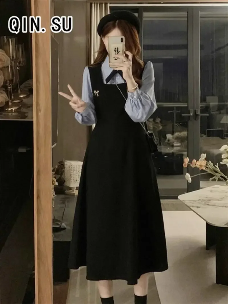 ชุดเดรสแขนยาวทรงหลวมสไตล์นักศึกษา กระโปรงยาวลายทาง เสื้อเชิ้ตต่อผ้าแบบสองชิ้นหลอกๆ