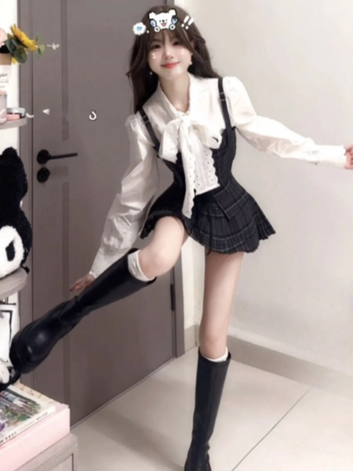 

Chic Korean Style College Fashion Set Three Piece Short Skirt Shirt Comfortable Cotton Long Sleeve Autumn Wear for Women
