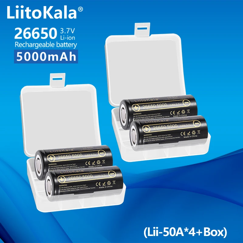 

4PCS LiitoKala Lii-50A High Capacity 100% Original 26650 3.7V 5000mAh 20A Power Li-ion Battery 26650A, Electric battery pacck