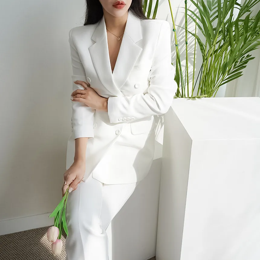 Korean Women's Graceful White Blazers Pants Two Piece Set Office Lady Basic Work OL Outfits Black Jacket Trousers Suit Female