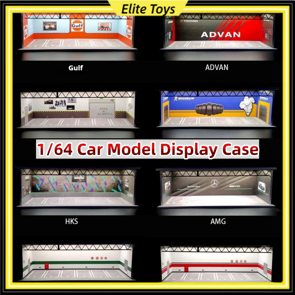 1/64 Scale Gulf Themed Parking Garage Diorama Display Case For Alloy Diecast Car Models Storage Photography Collection Display