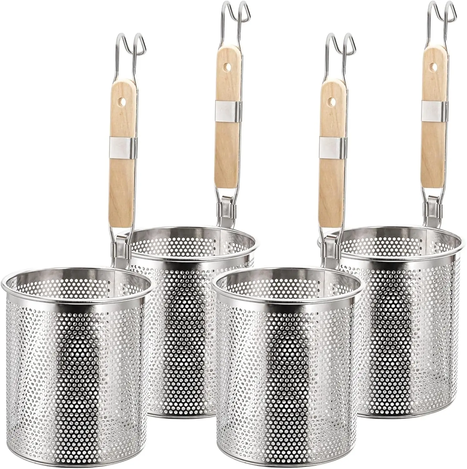 

4 Pack Pasta Strainer, 5.5''D x 6''H Large Stainless Steel Mesh Spider Noodle Basket with Wood Handle, Fine Kitchen Food