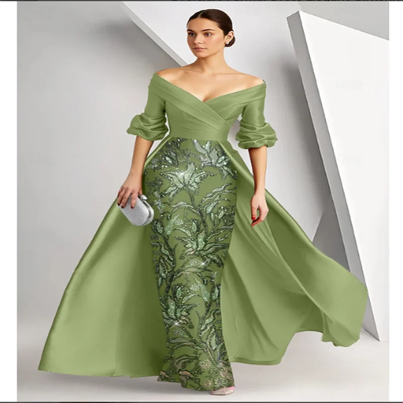 Vestidos de noite de comprimento total, elegantes, ombro de fora, manga curta, decote em v, convidado de casamento, baile, tecido de renda, costas em v com capa