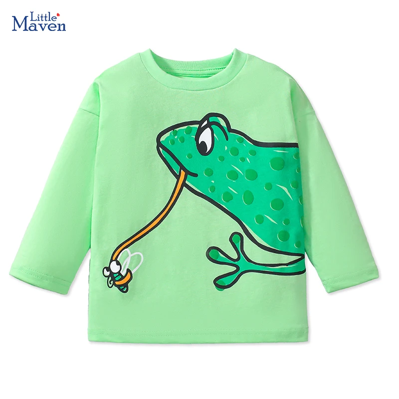 Little Maven Baby Boys Tops Kids Clothes 2024 Autumn Children\'s Clothing Green Cartoon Frog T-shirts Cotton