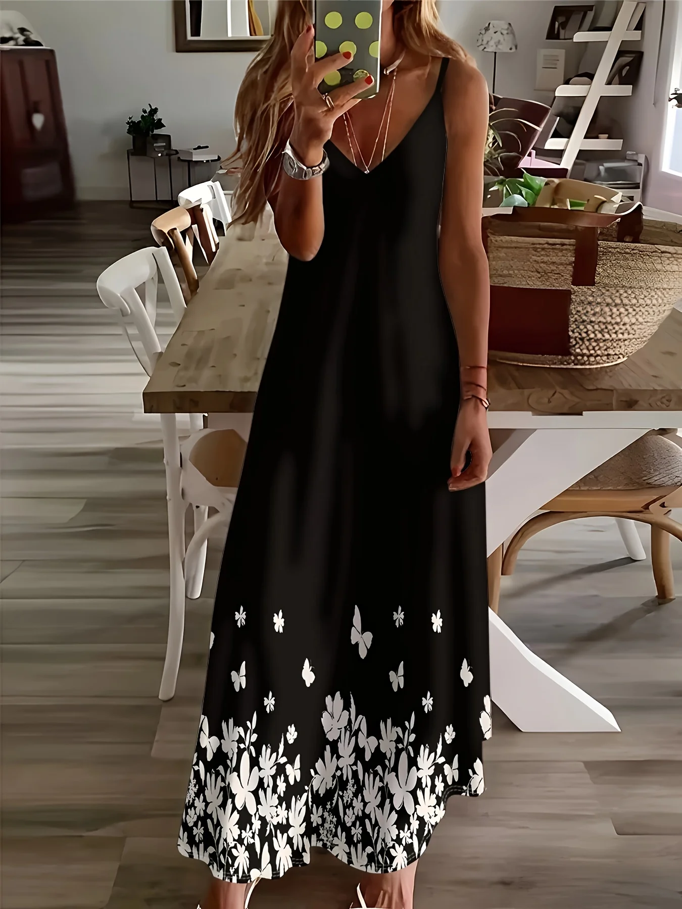 Printed Design Four Seasons casual style White Flowers And Butterflies Pattern V-neck sling dress