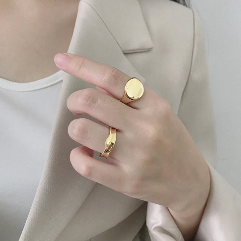 Fashion Designer Chunky Round Geometric Concave Silver Color Adjustable Rings For Women Minimalist Delicate Jewelry