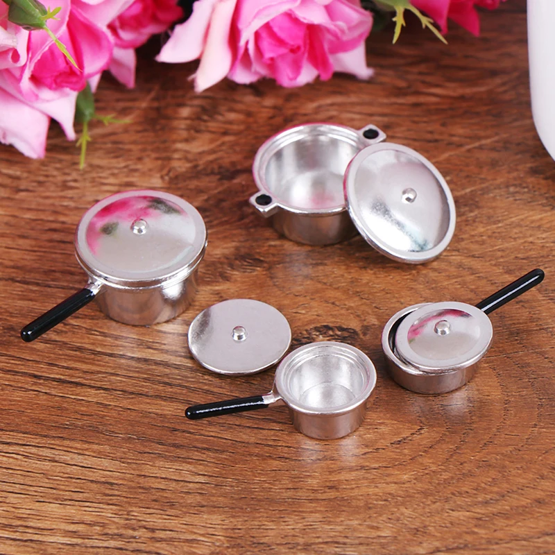 4Pcs 1:12 Dollhouse Miniature Metal Mini Pot Set Doll House Kitchen Furnitures