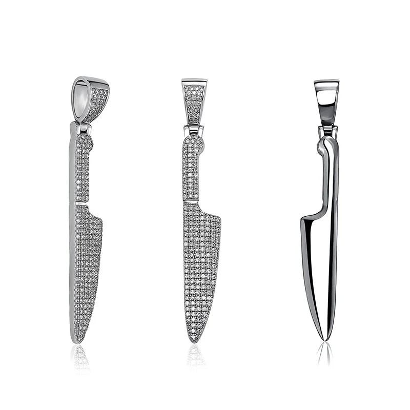 Hip Hop 5A+ CZ Stone Bling Iced Out Solid Knife Pendants Necklaces for Men Rapper Jewelry Gold Silver Color Drop Shipping