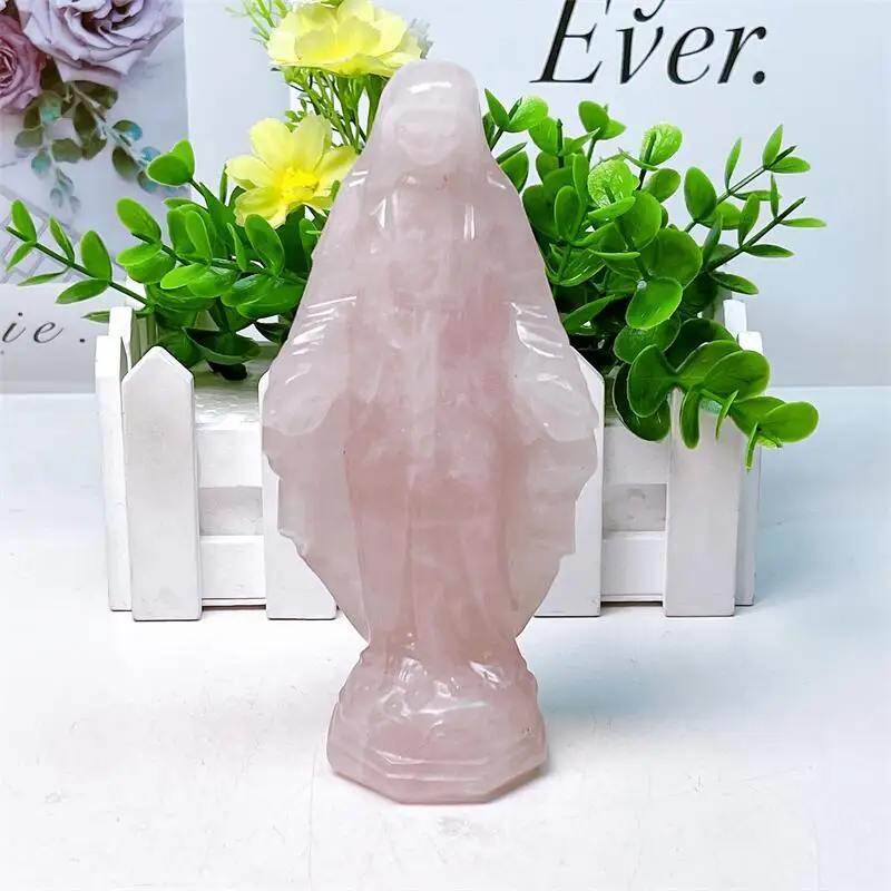 

15CM Natural Rose Quartz Madonna Statue Carving Handmade Carved Crafts Figurine Healing Ornament Room Decor 1PCS