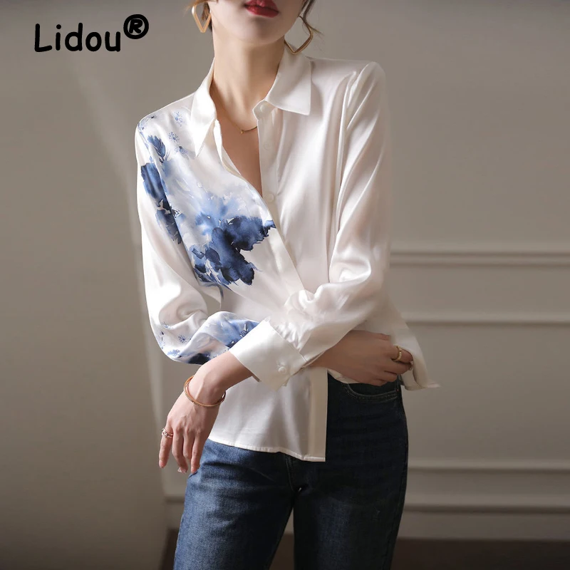 

Spring Summer New Vintage Ink Printing Chiffon Shirt Turn-down Collar Long Sleeve Satin Blouse Women's Korean Style Casual Shirt