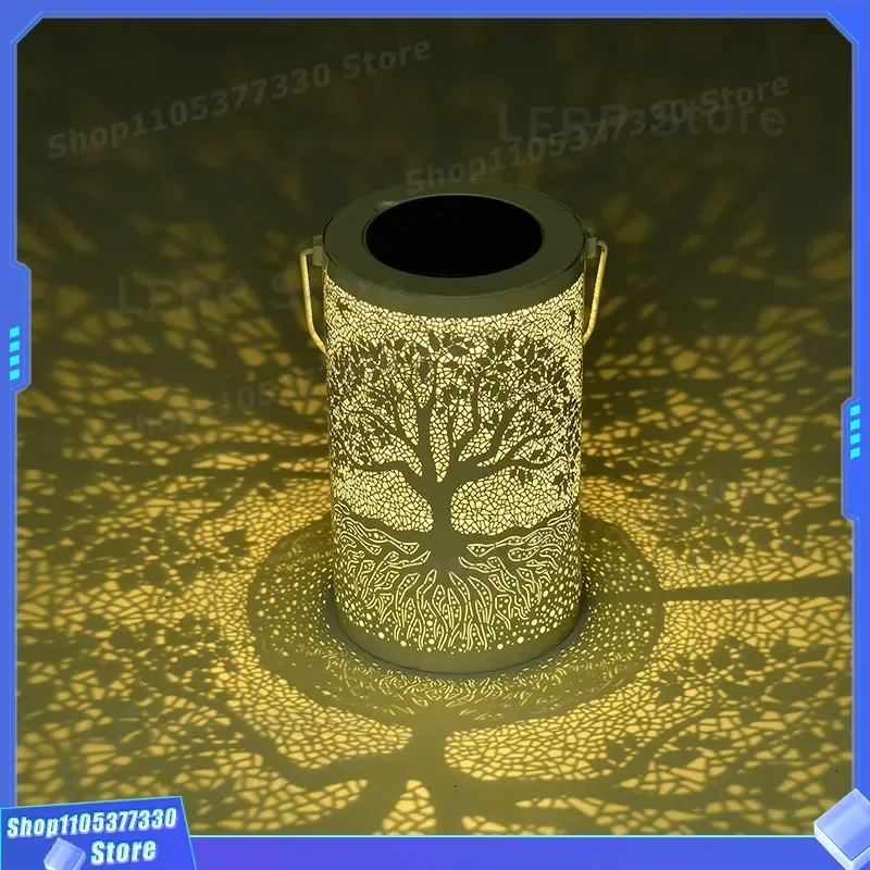 Solar Powered Wrought Iron Tree Light Outdoor Hanging Decorative Lamp Hollow Design Garden Courtyard Atmosphere Night