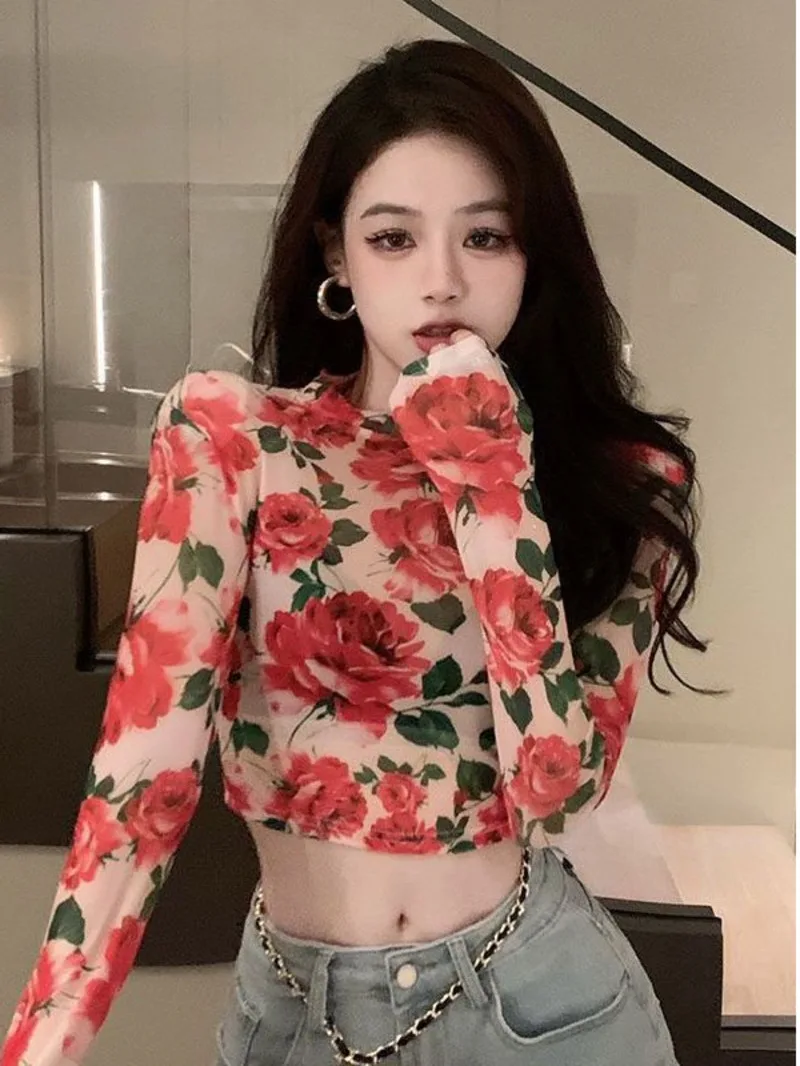 South Korea 2023 spring new fashion small crowd fashionable floral versatile slim waist fitting long-sleeved T-shirt female QY9Z