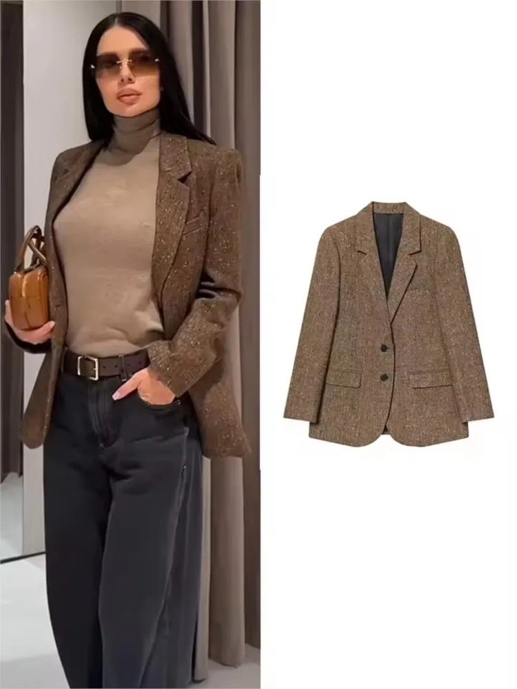 

Autumn Women Herringbone Wool Blend Blazer with Notched Lapel Collar Pocket Long Sleeve Women's Tops Female Chic Coats