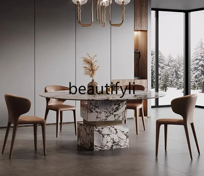 2003 Natural Marble Dining Round Table Light Luxury Minimalist Dining Table and Chair Set Postmodern Round Shape
