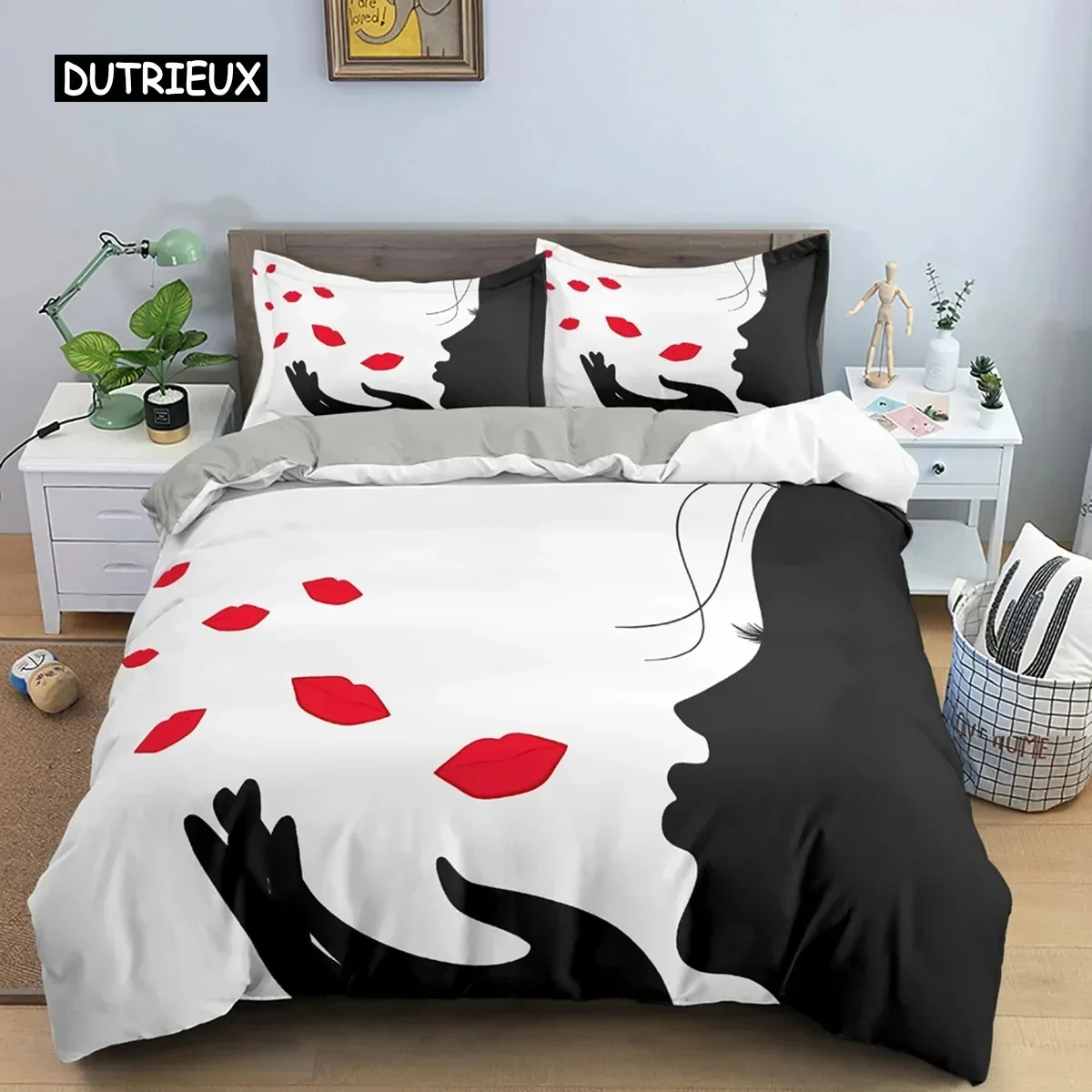 

3D Hand-drawn Woman Portrait Duvet Cover Set Microfiber Black And White Floral Background Bedding Set For Girls 3pcs Quilt Cover