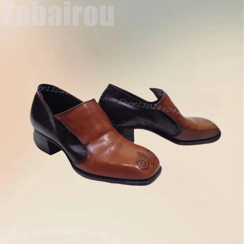 Mocassins à Talons Épais Carimplantés pour Hommes, Chaussures à Enfiler Luxueuses, Faites à la Main, Design Carré Marron, ixet Banquet, Mode Décontractée