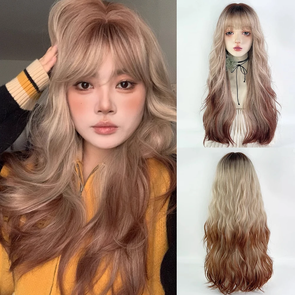 

Blonde Ombre Brown Long Wavy Synthetic Wigs with Bangs Fluffy Lolita Cosplay Women Heat Resistant Wig for Daily Party