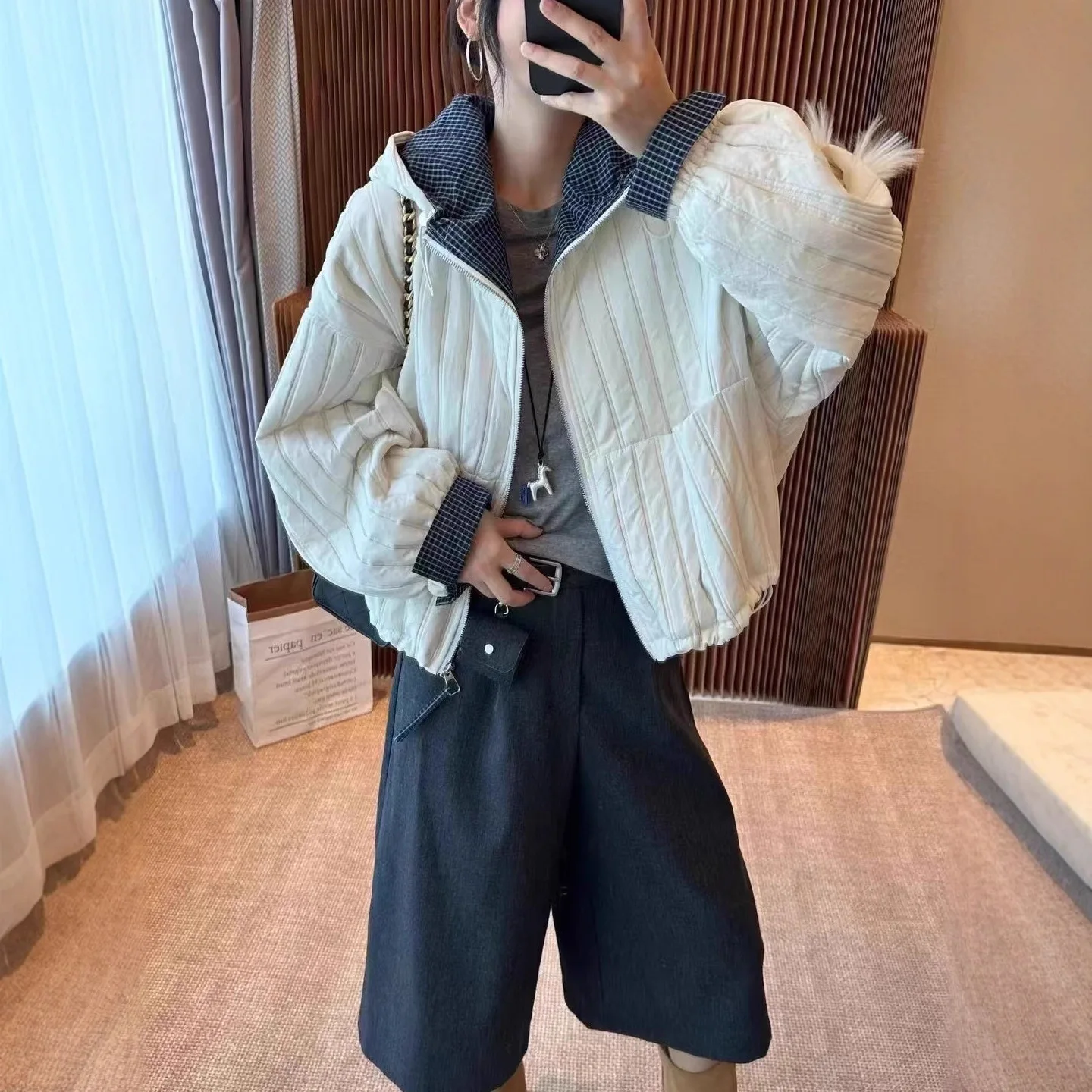 

2025 Autumn/Winter New Casual Loose-Fit Versatile Cotton Jacket for Women, Designer Style Plaid Patchwork Elegant Coat