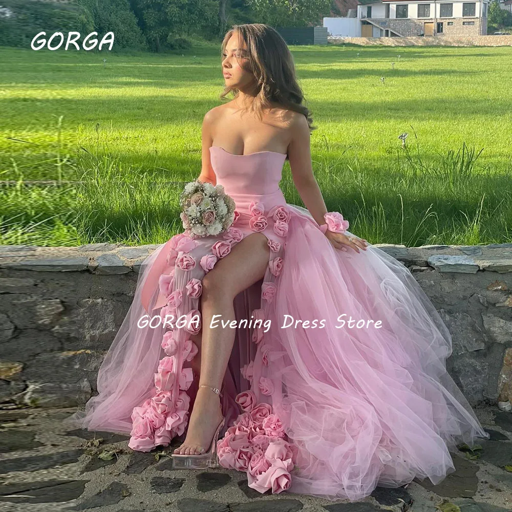 GORGA Simple Pink Strapless Tulle A-LINE Prom dress 2024 Slim 3D Flowers Floor-Length Formal Evening Dress