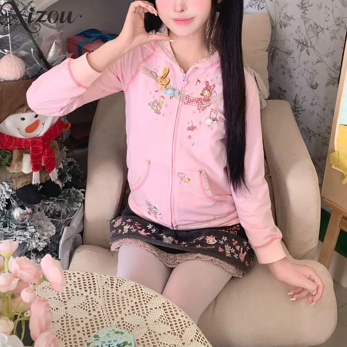 Women Pink Bunny Ear Hooded Zip Up Jacket Musical Note Cartoon Lace Trim Kawaii Japanese Sweet Girl Spring Autumn Outerwear 2026
