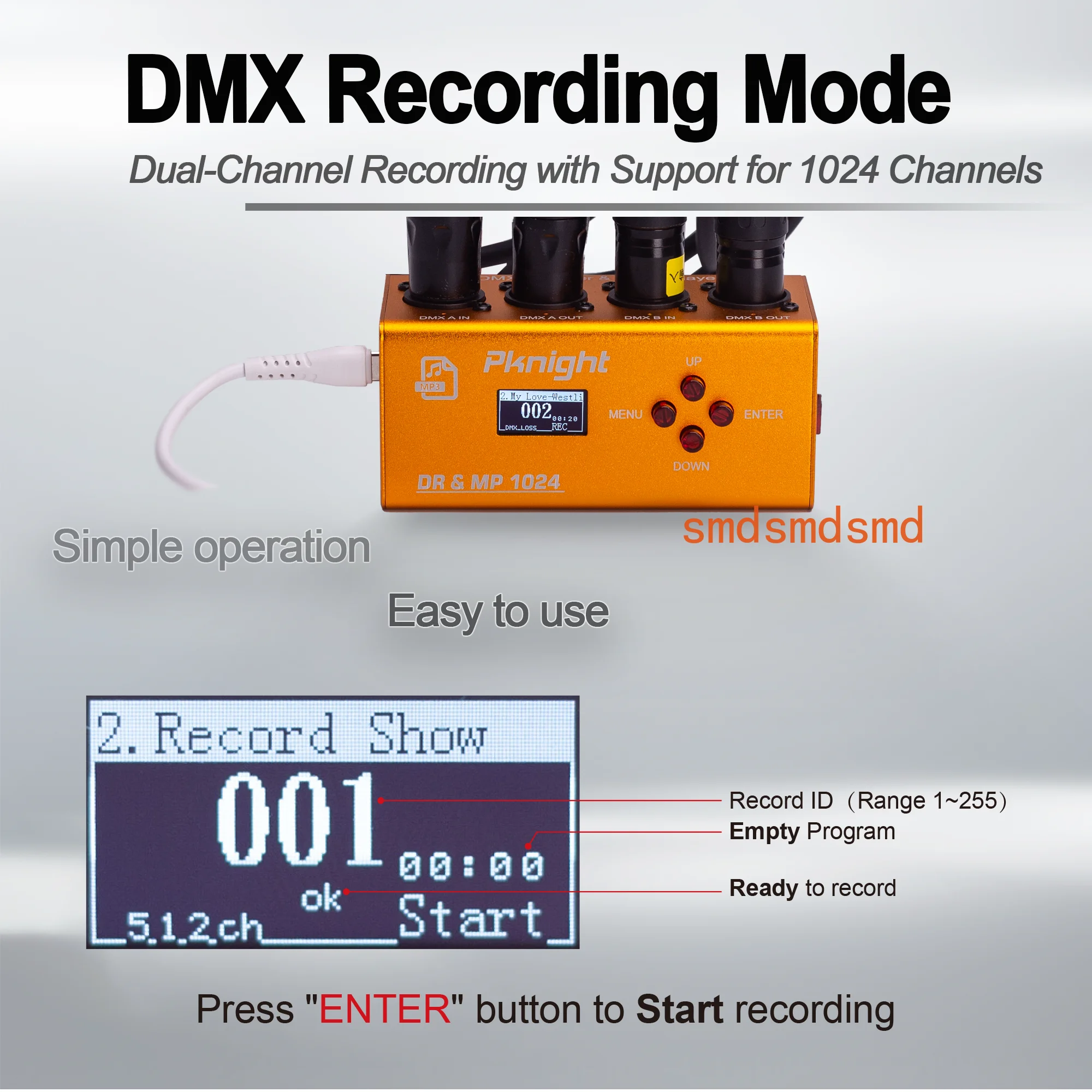 Recorder and Music Player with 32G, 2 Universe, 1024 Channels, Multiple Playback Modes Stage Lighting Control