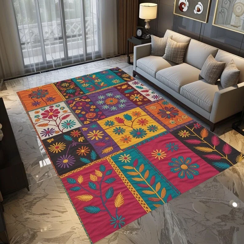 Green Floral Window Pattern Carpet Splicing Grid Living Room Full Rug Home Eye Pleasing Floral Pattern Winter Warm Pad