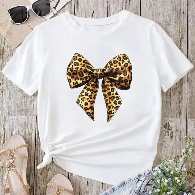 أزياء المرأة تي شيرت Y2k ليوبارد طباعة القوس قمم الصيف قصيرة الأكمام الجرافيك تي شيرت الملابس النسائية