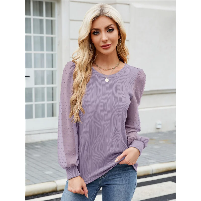 CGS-Camicette a maniche lunghe da donna Camicette eleganti casual girocollo con maniche a sbuffo T-shirt in maglia testurizzata