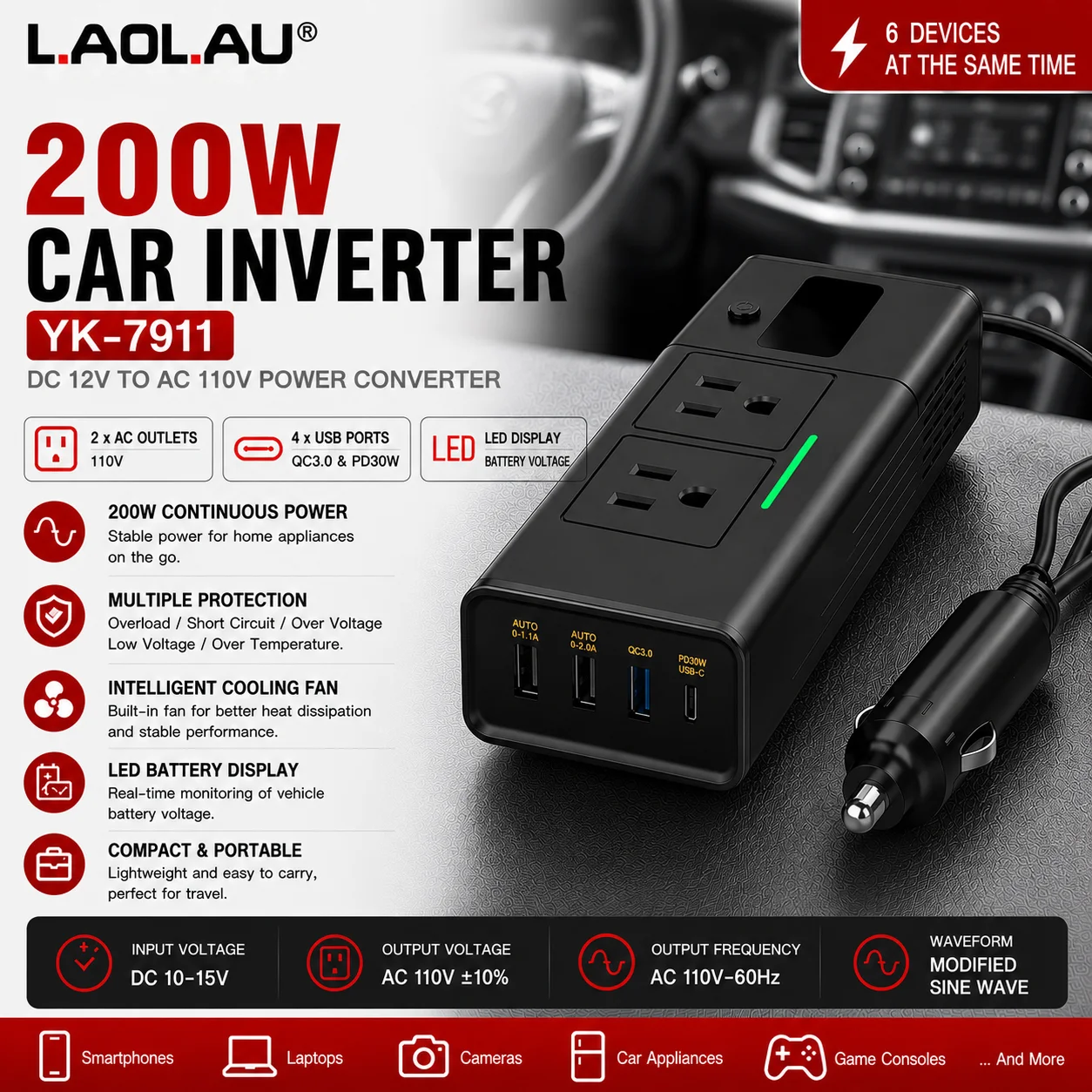 YK-7911 200W Car Inverter US AC 110V Dual AC, 4 USB (QC3.0 & PD Fast Charge), LED Display,Ideal for Laptops, Phones & Road Trips