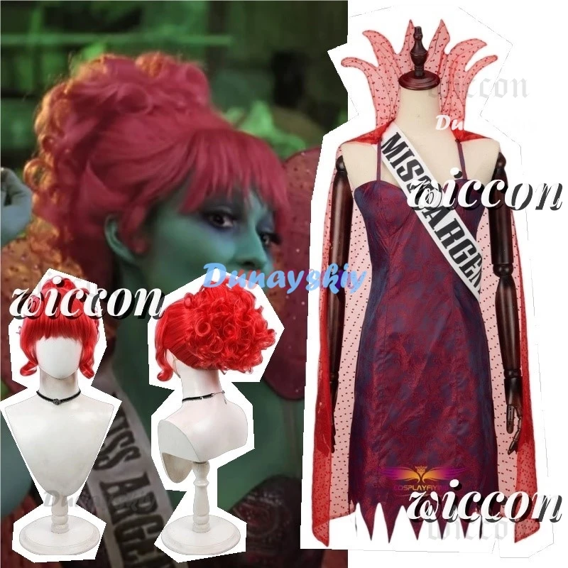 Movie Juice2Beetle Miss Argentina Cosplay Costumes Red Dress Suit Red Curly Wig Halloween Costumes For Women