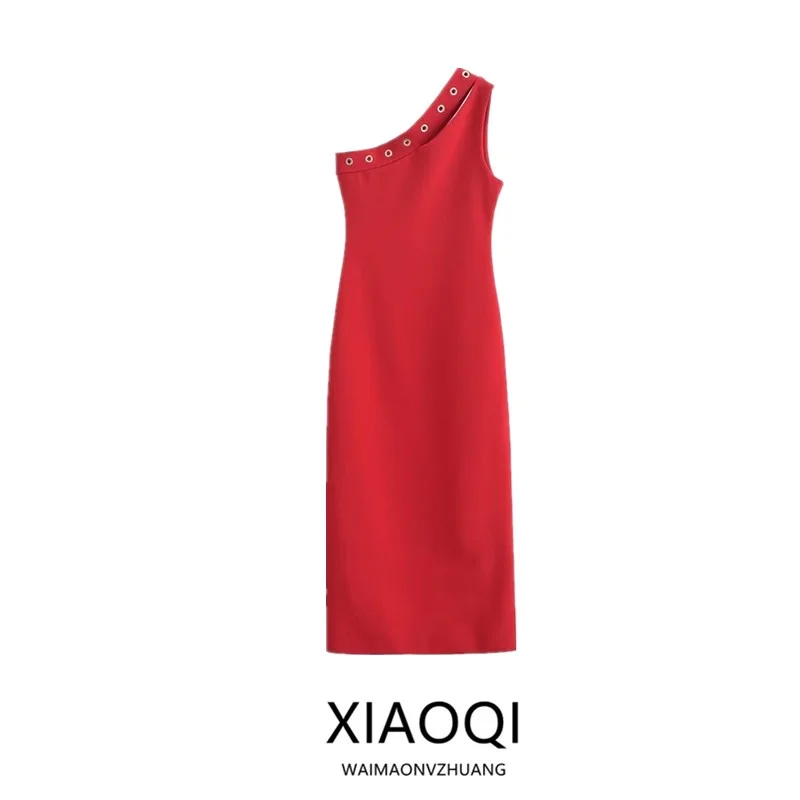 ชุดเดรสทรงเข้ารูปสำหรับผู้หญิง ฤดูใบไม้ผลิ 2025 ผ้าเนื้อยืดหยุ่น ดีไซน์ไม่สมมาตร ตกแต่งด้วยโลหะสไตล์โมเดิร์น รุ่น Dr. Sli ไม่มีแขน คุณภาพพรีเมียม